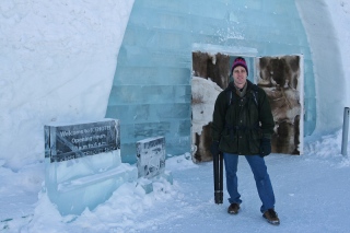 Chad in front of the Ice Hotel.