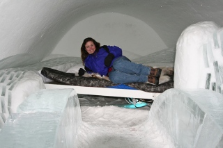 Rhonda on one of the beds in the Ice rooms.