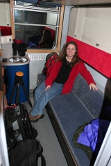 Here's Rhonda after we made it to our sleeping car on the way back to Gothenburg.