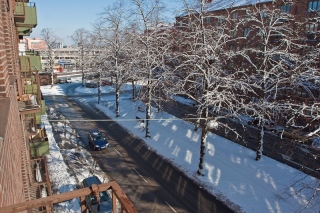 Looking outside the apartment on a snowy morning in Gothenburg.