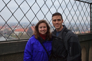 Rhonda and Chad on the top of St. John the Baptist's church with the church of the Holy Cross on the left in the background.