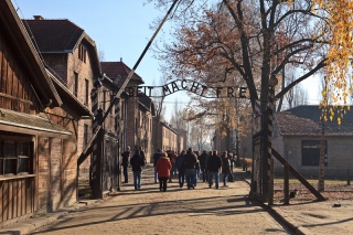 The front gate of Auschwitz. The sign lied to the inmates. It reads "Work makes you free"